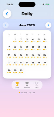 Daily challenge calendar for June with completion markers and trophies