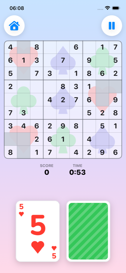 Solidoku gameplay — 5 of Hearts in hand